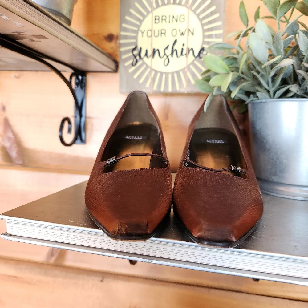 Stuart Weitzman Glooporto Copper Brown Silk Leather Evening Pump Heel Shoe Sz 6B